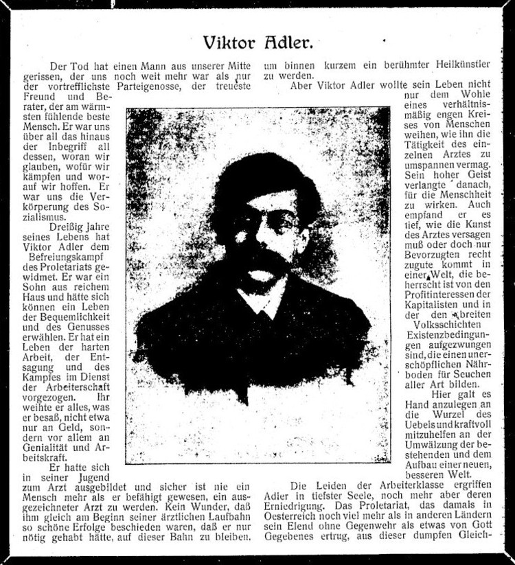 Nachruf auf Viktor Adler; © Vereinsblatt. Organ des Vereines der Heim- und Hausarbeiterinnen vom 15. November 1918